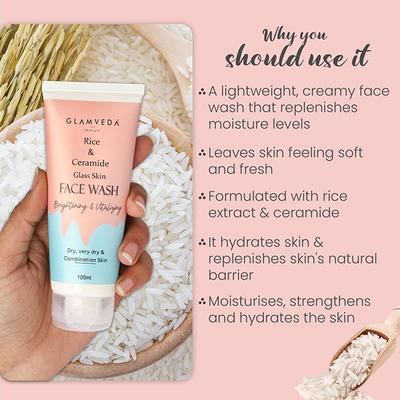 Glamveda Rice & Ceramide Korean Glass Skin Face WashFor Dry, Sensitive & Combination Skin Types 100 ml - Face Wash & Cleansers
