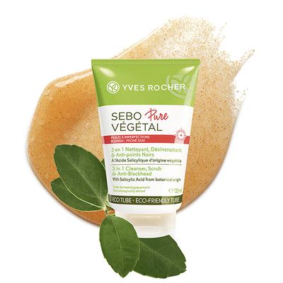 Yves Rocher Sebo Vegetal Pure 3 In 1 Cleanser, Scrub & Anti-Blackhead 125 ml - Scrubs & Exfoliants