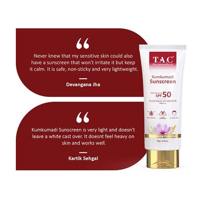T.A.C - The Ayurveda Co. Kumkumadi Sunscreen with SPF 50 UVA+UVB Protection For Radiant & Youthful Skin 50 gm - Face Sunscreen