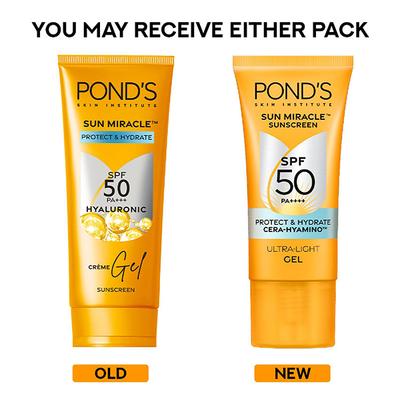 POND’s Sun Miracle SPF 50 PA+++ Ultra Light Gel Sunscreen - Protect & Hydrate, with Cera-Hyamino 50gm - Face Sunscreen