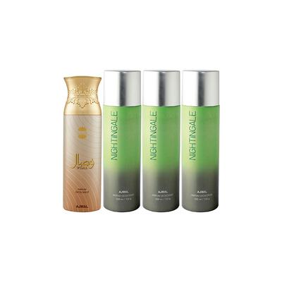 Ajmal 1 Wisal And 3 Nightingale Deodorants Pack of 4 200 ml - Deodorants/Roll-Ons