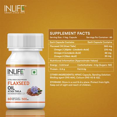 INLIFE Flaxseed Oil 500 mg Veg Capsules 60's - Omega Fish Oil Fatty Acids