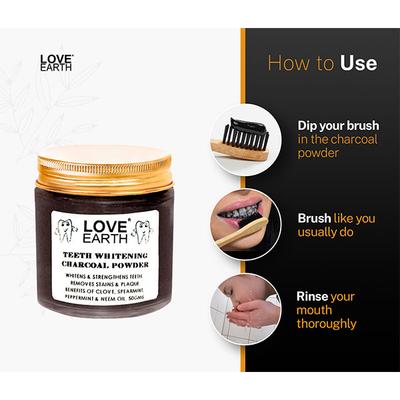 Love Earth Charcoal Teeth Whitening Powder With Peppermint & Neem Oil 50 gm - Tooth Powder