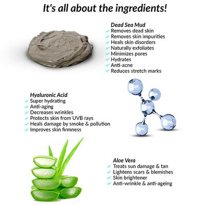 Matra Hyaluronic Acid Mask for face, acne & blackheads - with Dead Sea Mud - Free Face Mask Brush - Facial Exfoliator, Cleanser, Acne Reduction treatment 100 gm - Face Packs