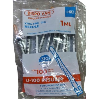 Dispovan U-100 Xtra Fine 31G Insulin Syringe 1 ml 10's - Syringes And Needles