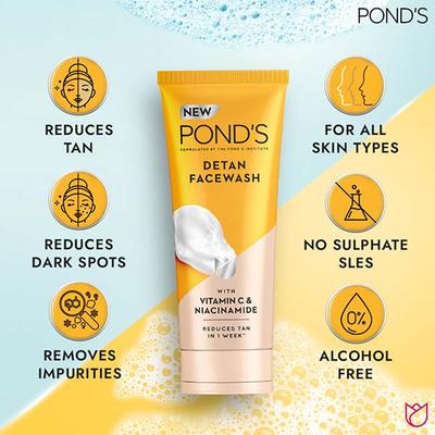 Ponds Detan Facewash For Tan Reduction With Brightening Vitamin C & Niacinamide 100 gm - Face Washes