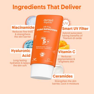 Aravi Organic Oil-Free Fluid Sunscreen Serum SPF 50++++ with Hyaluronic Acid, Vitamin C, Niacinamide 50 ml - Face Sunscreen