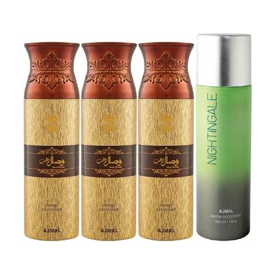 Ajmal 3 Wisal Dhahab For Men And 1 Nightingale For Men & Women High Quality Deodorants Combo Pack Of 4 800 ml - Perfumes (Edt/Edp)