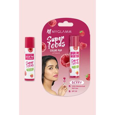 Myglamm Super Foods Color Pop Lip Balm 12Hr Moisturise-Berry SPF20 4.6gm - Lip Balms