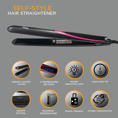 VEGA Self Style Hair Straightener With Temperature Control and Ceramic Coated Plates (VHSH-27) Black 1 gm - Straighteners