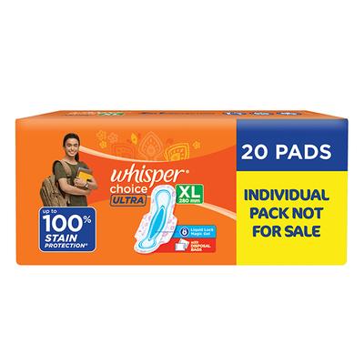 Whisper Choice Sanitary Pads for Women, Ultra XL 20 Napkins 470g 4's - Sanitary Napkins