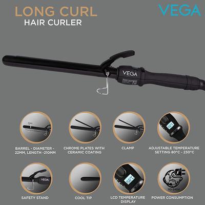 VEGA Long Curl Hair Curler-22 mm with Ceramic Coated Barrel and LCD Temperature Display (VHCH-04) Black 1's - Multi-Stylers