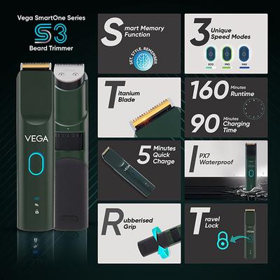 Vega Smartone S3 Beard Trimmer for Men, 160 Mins Runtime, IPx7 Waterproof, 40 Length Setting (VHTH-36) 264 gm - Trimmers
