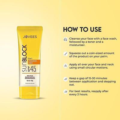 Jovees UVA/UVB Protection Sun Block Cream SPF 45 50 gm - Face Sunscreen