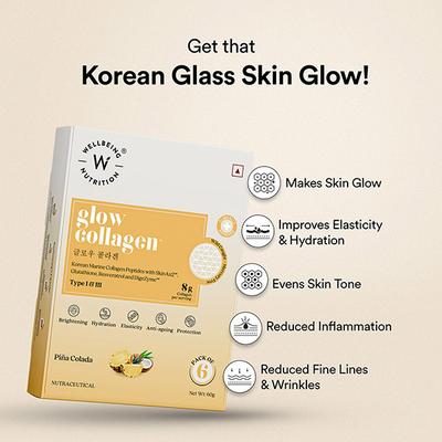 Wellbeing Nutrition Glow Korean Marine Collagen, Clinically Proven Type 1 and 3 Peptides, Skinax, Glutathione, Resveratrol, Pinacolada - 6 Sachets 60 gm - Multi-Vitamins