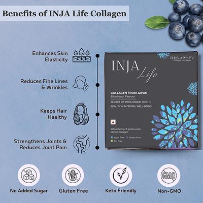 INJA Life Japanese Marine Collagen Sachet - Blueberry Flavour (Pack of 30 x 5 g) - Hair & Skin