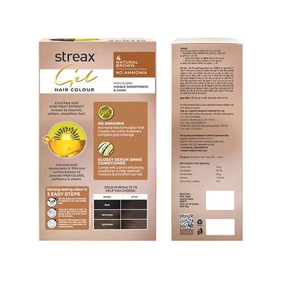 Streax Gel Hair Colour for women, Natural Brown 4, No ammonia hair color, 100% grey coverage 150 ml - Crème