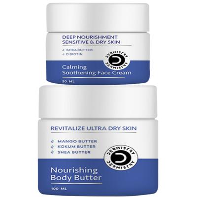 Dermistry Revitalize Ultra Dry Skin Nourishing Body Butter 100 ml + Sensitive And Dry Skin Calming Soothening Face Cream 50 ml - Face Creams
