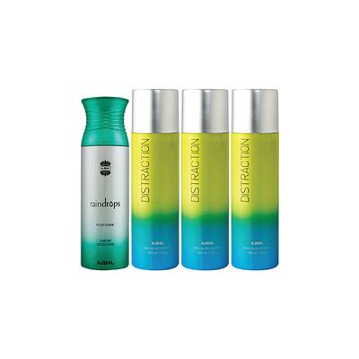 Ajmal 1 Raindrops Femme And 3 Distraction Deodorants Pack of 4 200 ml - Deodorants/Roll-Ons