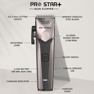 VEGA Professional Pro Star+ Hair Clipper with 7000 RPM, 6 Comb Attachment, 180 Min Runtime, VPPHC-11 1's - Trimmers