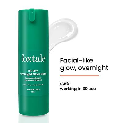 Foxtale The Diva Over Night Glow Mask, Aha, Pha and Provitamin B5, All Skin Types 30 ml - Face Packs