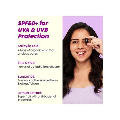 PLIX 0.1% Salicylic Acid Jamun Mattifying Lightweight Sunscreen SPF50+ PA+++, UVA, UVB Shield, Acne Reduction & Hydration for Women & Men, Suitable for All Skin Types 50 gm - Face Sunscreen