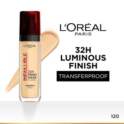 L'Oreal Paris Infallible 32H Fresh Wear Foundation, Luminous Coverage, Shade No 120 30ml - Foundation