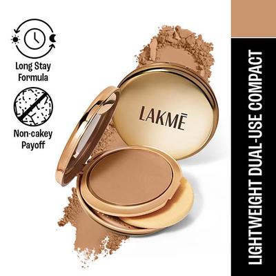 Lakme 9to5 Unreal Dual Cover Pressed Powder, 2 In 1 Compact + Foundation, 38 Walnut, 9 gm - Compact Powder