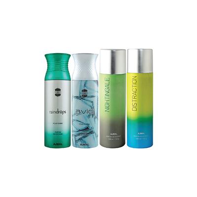 Ajmal 1 Raindrops Femme, 1 Avid Homme, 1 Nightingale And 1 Distraction Deodorants Pack of 4 200 ml - Deodorants/Roll-Ons
