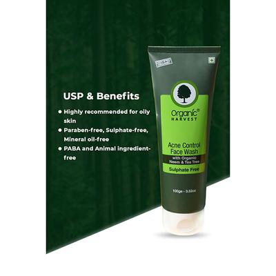 Organic Harvest Acne Control Face Wash - Organic Aloe Vera & Tea Tree 100gm - Face Wash & Cleansers