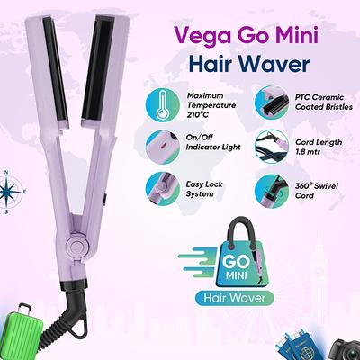 Vega Go Mini Hair Waver with Ptc Ceramic Coated Plates for Women, Purple (VHWR-02) 350 gm - Rollers & Curlers