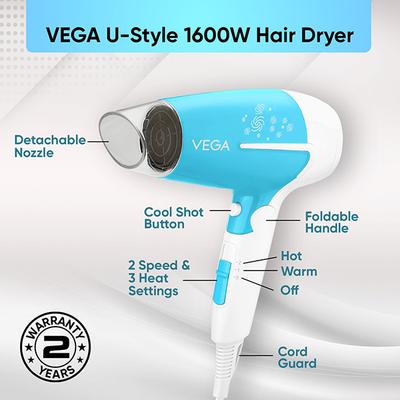 Vega U Style 1600W Foldable Hair Dryer for Women & Men with 2 Speed 3 Heat Settings, (VHDH-32) 380 g - Hair Dryers