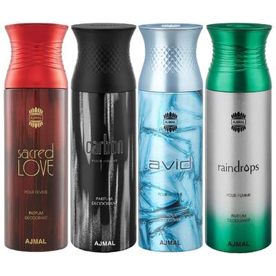 Ajmal Sacred Love & Carbon & Avid & Raindrops Deodorant Spray- For Men (Pack Of 4) 200 ml - Men Perfumes (Edt/Edp)