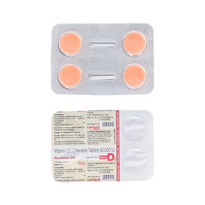 RECALMIN D3 60 K IU SUGAR FREE ORANGE FLAVOUR Chewable Tablet 4's - Supplements-Vam