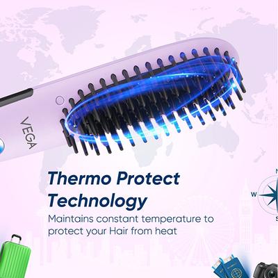 Vega Mini Hair Straightener Brush for Women with Thermoprotect Technology, Ceramic Coated Bristles & 2 Heat Settings, (Go Mini Series, VHSB-05) 1's - Hair Combs