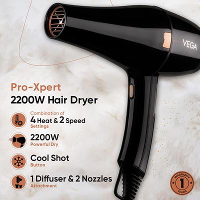 Vega Pro-Xpert 2200W Professional Hair Dryer With 2 Speed/3 Heat Settings, Diffuser & 2 Nozzles, (Vhdp-03) - Hair Dryers