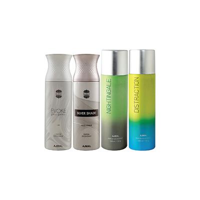 Ajmal 1 Evoke Silver Edition For Him, 1 Silver Shade Homme, 1 Nightingale And 1 Distraction Deodorants Pack of 4 200 ml - Deodorants/Roll-Ons