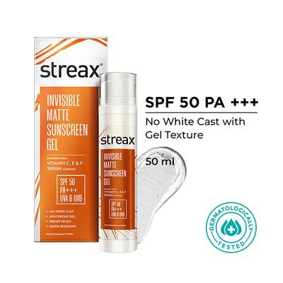 Streax Invisible Matte Gel Sunscreen SPF 50 PA+++, spf 50 , dry skin & combination skin 50 g - Face Sunscreen
