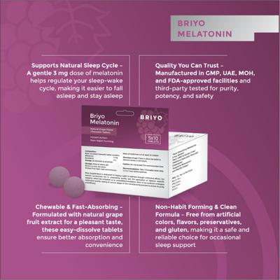 Briyo Melatonin Chewable Tablets - Natural Grape Flavour 50's - Mental Health
