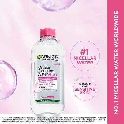 Garnier Skin Naturals, New Formula Micellar Cleansing Water All In -1 Even For Sensitive Skin Cleanses+Soothes+ Removes Make Up 400ml - Make Up Removers
