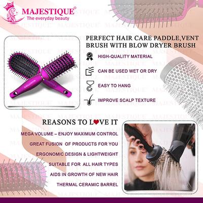 Majestique Detangling, Vent and Blow Dry Brushes, Soft Nylon Bristles -Multicolor 3's - Hair Brushes