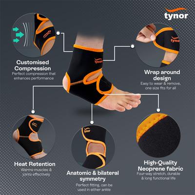 Tynor Ankle Support (Neoprene) (UN) - Black & Orange - Knee/Ankle/Leg/Foot Supports