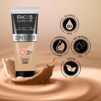 FACES CANADA 3in1 All Day Hydra Matte Foundation + Moisturizer + SPF 30 Medium Natural 022 15 ml - Foundation