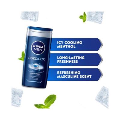 Nivea Men Cool Kick 24H Fresh Effect Refreshing + Menthol Shower Gel, 250ml - Shower Gels & Body Wash