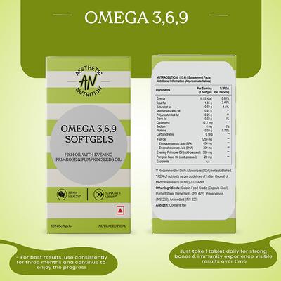 Aesthetic Nutrition Omega 3 6 9 Softgels Triple Omega Formula With Evening Primrose, Fish Oil, And Pumpkin Seed Oil For Heart, Skin 60 Softgels 1's - Omega Fish Oil Fatty Acids