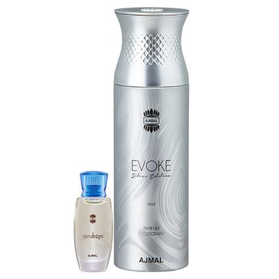 Ajmal Raindrops Concentrated Perfume Oil Floral Chypre And Evoke Silver Edition Him Deodorant Spicy Floral Fragrance 210 ml - Perfumes (Edt/Edp)