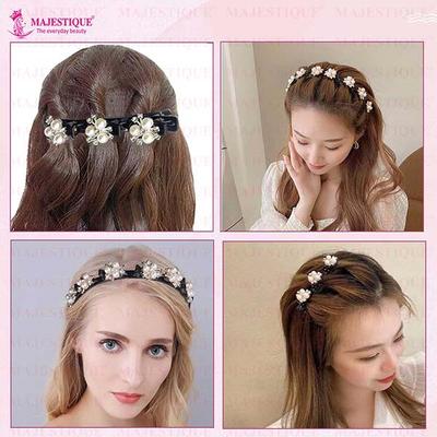 Majestique Double Layer Twist Plait Headband With Pearl Flower Alligator Clips - 3 Pcs Multicolor 1's - Hair Clips/Bands