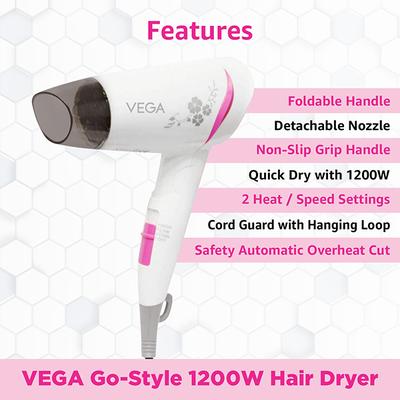 VEGA Go Style 1200w Hot & Cool Foldable Hair Dryer (VHDH-18) White 1 gm - Hair Dryers