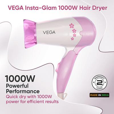 VEGA Insta Glam 1000w Foldable Hair Dryer (VHDH-20) Pink 1 gm - Hair Dryers