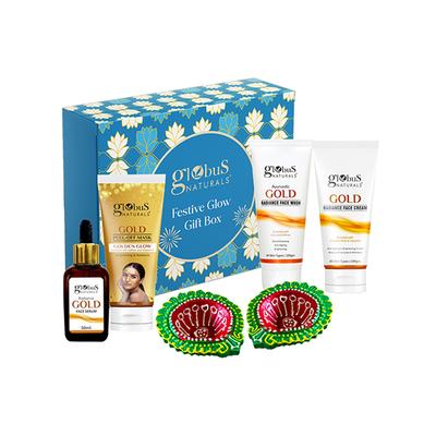 Globus Naturals Karwachauth Golden Glow Gift Box- Face Wash 100gm, Peel Off Mask 75gm, Face Scrub 100gm and Gold Serum 30ml 1's - Makeup Kits & Sets